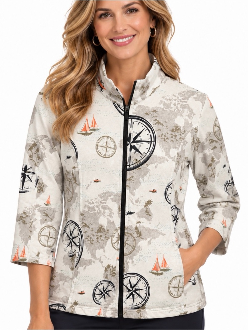 Chico’s Weekender Cream Nautical Compass-Print Zip Jacket.